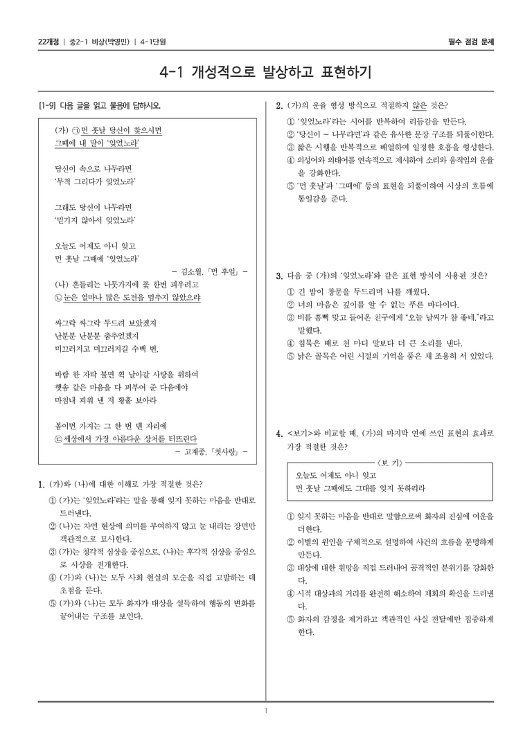 [22개정] 중2-1 비상(박영) 4(1) 개성적으로 발상하고 표현하기_필수 점검 문제_preview_1