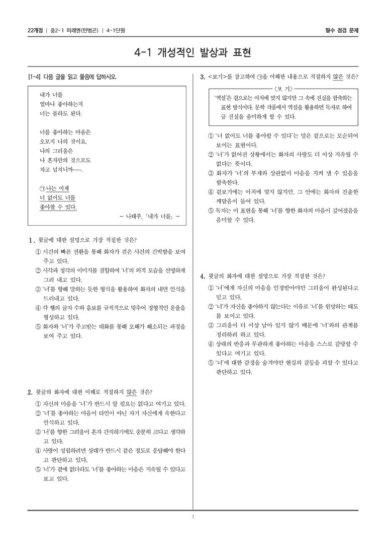 [22개정] 중2-1 미래엔(민) 4(1) 개성적인 발상과 표현_필수 점검 문제_preview_1