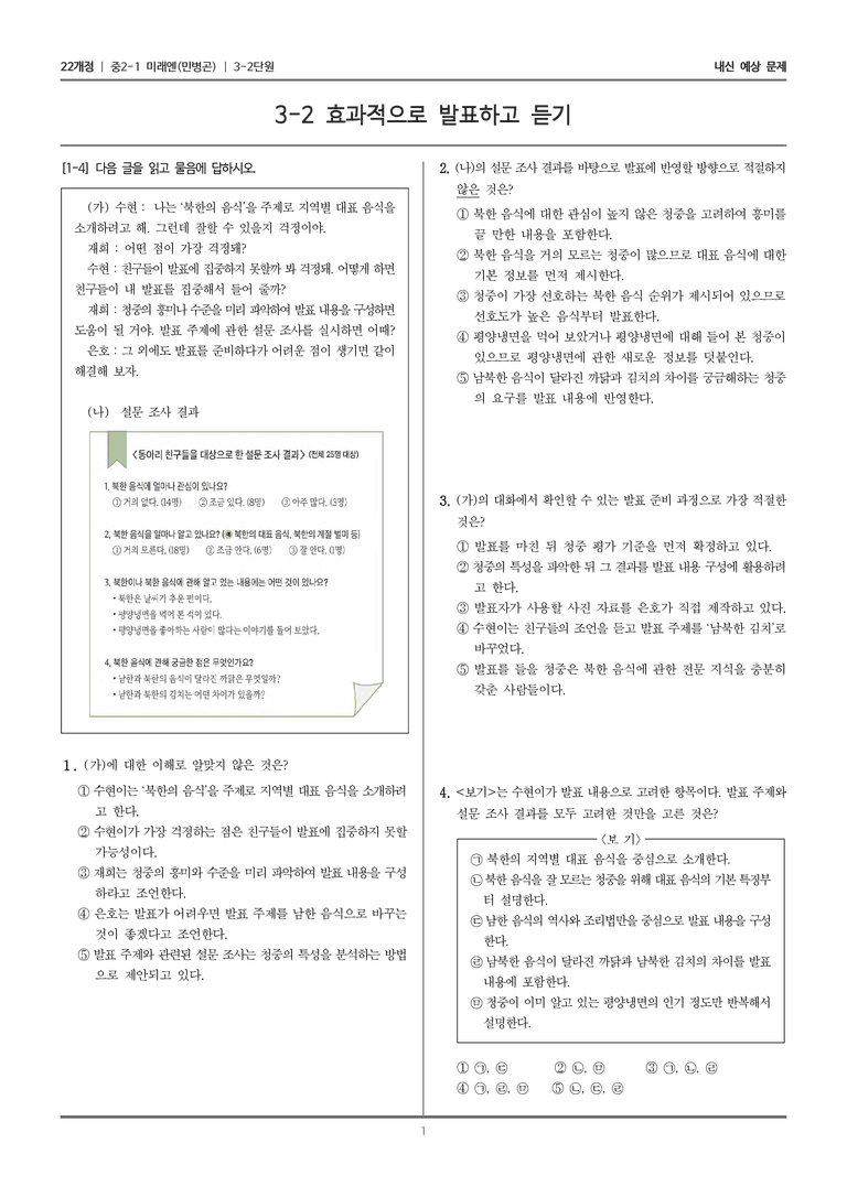 [22개정] 중2-1 미래엔(민) 3(2) 효과적으로 발표하고 듣기_내신 예상 문제_preview_1