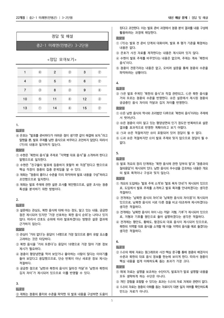 [22개정] 중2-1 미래엔(민) 3(2) 효과적으로 발표하고 듣기_내신 예상 문제_preview_5