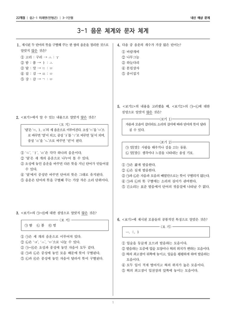 [22개정] 중2-1 미래엔(민) 3(1) 음운 체계와 문자 체계_내신 예상 문제_preview_1