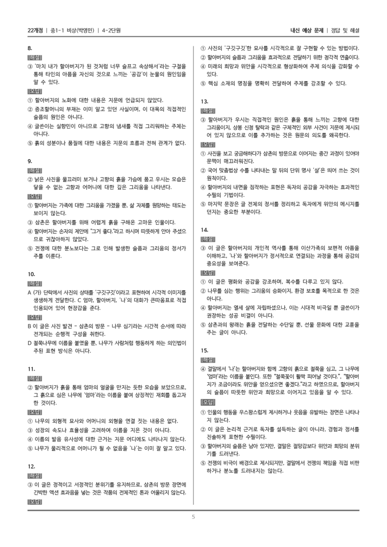 [22개정] 중1-1 비상(박영) 4(2) 진솔하게 그린 나의 마음_내신 예상 문제_preview_5