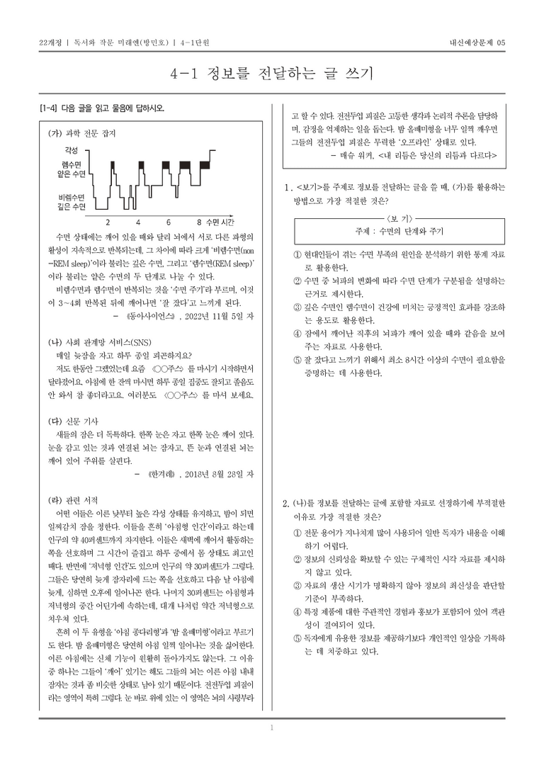 [22개정] 독서와 작문 미래엔(방) 4-1 정보를 전달하는 글 쓰기_내신예상문제05_preview_1