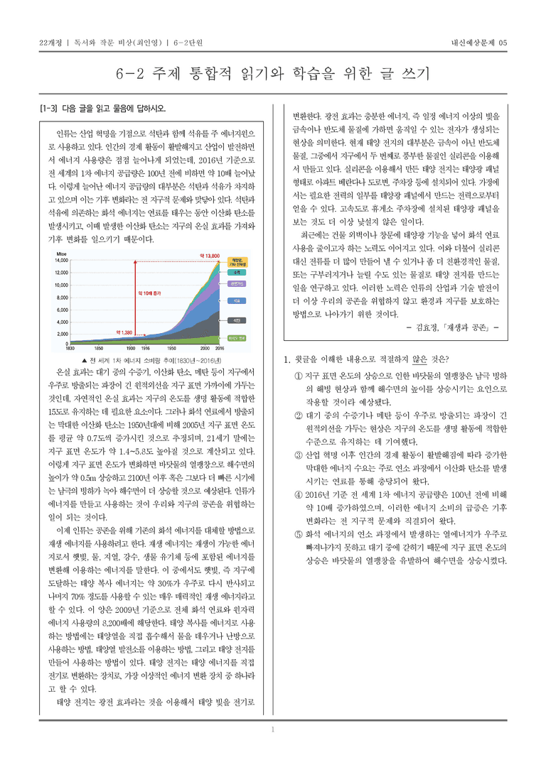 [22개정] 독서와 작문 비상(최) 6-2 주제 통합적 읽기와 학습을 위한 글 쓰기_내신예상문제05_preview_1