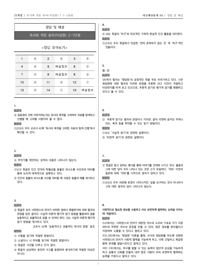 [22개정] 독서와 작문 동아(이) 2-1 목적을 고려하여 전략적으로 읽기_내신예상문제04_preview_5