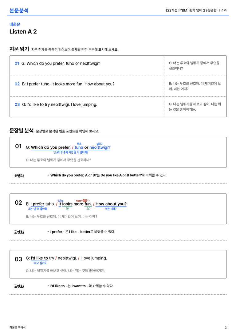  [YBM] 중학 영어 2 (김은형) 4과 본문분석_preview_2