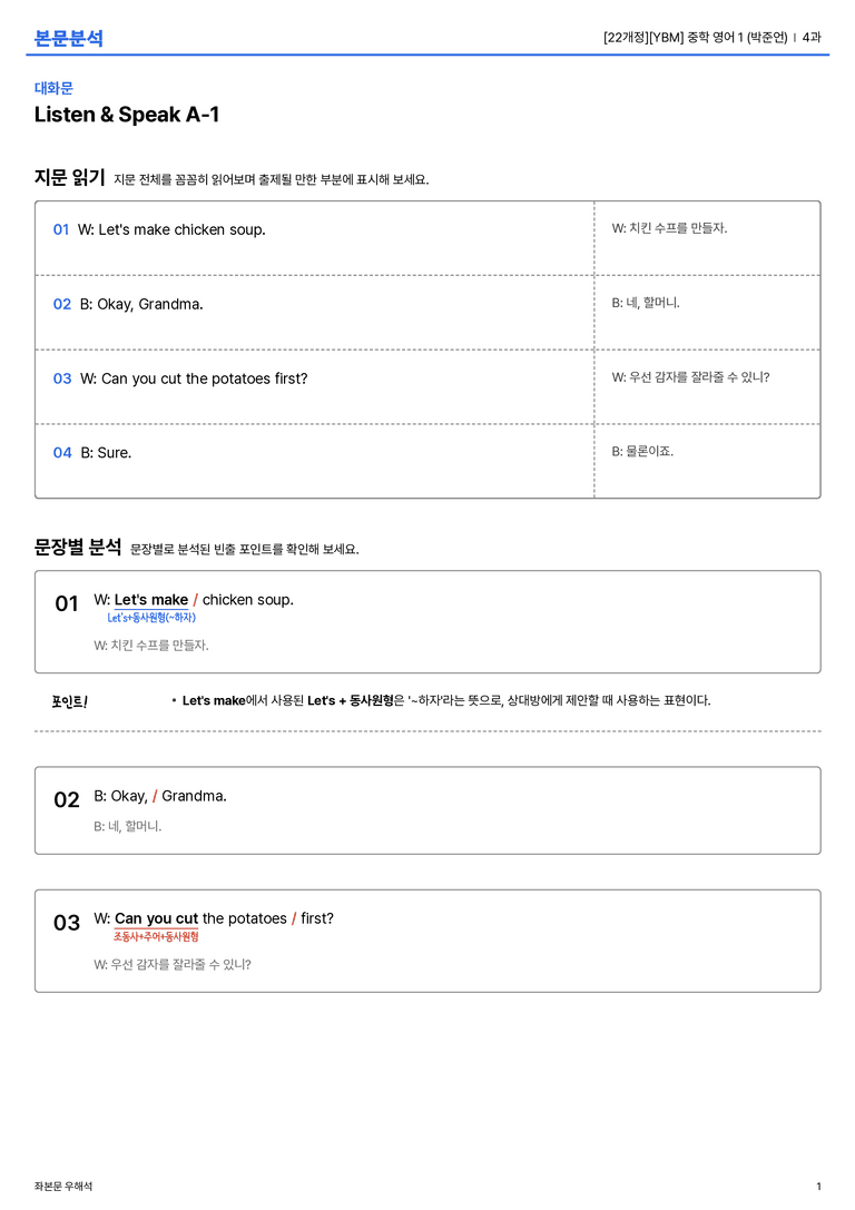  [YBM] 중학 영어 1 (박준언) 4과 본문분석_preview_1