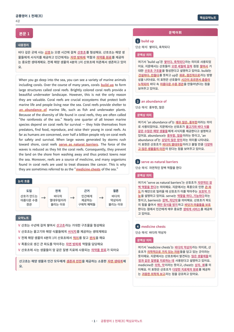 🩷[공통1] 천재(조) 4과 핵심요약노트🩷 by 대치동 시크릿_preview_1