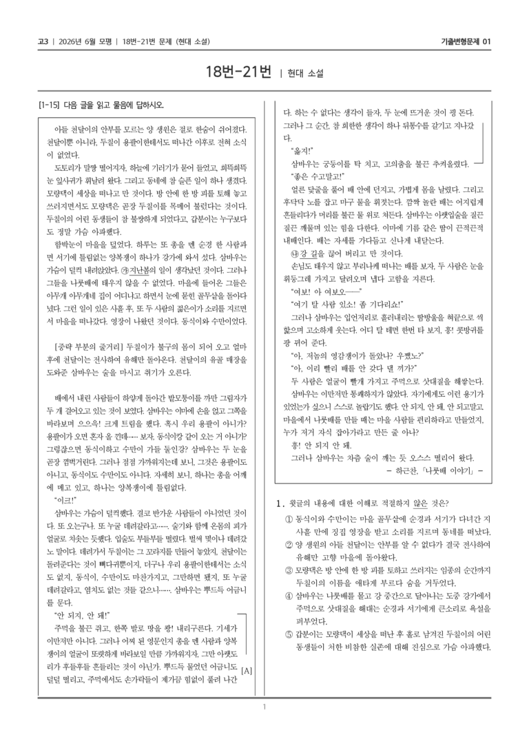 [고3] 2026년 6월 모평 18-21번 (현대 소설)_기출변형문제01_preview_1