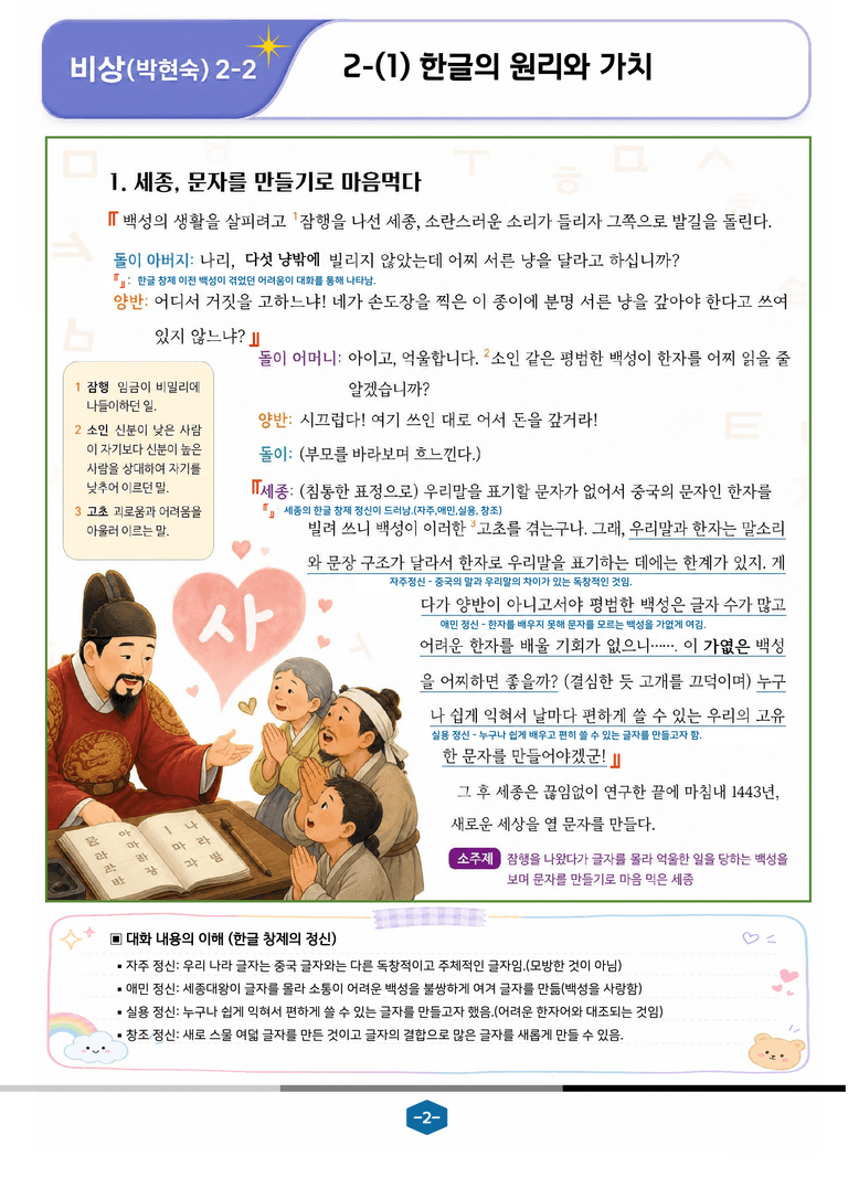 [중학][2-2] 비상(박현) 2-(1) 한글의 원리와 가치_분석 및 객관식_preview_2