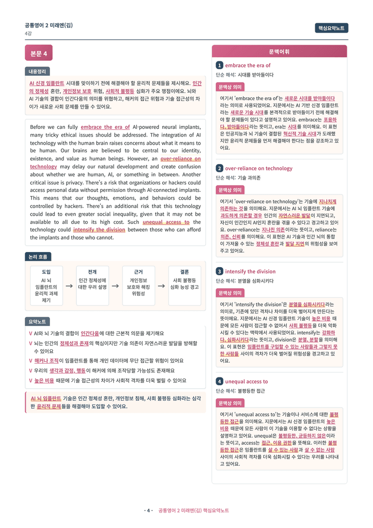 🩷 (공통영어2) 미래엔(김) 4과 핵심요약노트🩷 by 대치동시크릿_preview_4