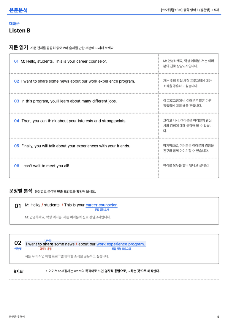 [YBM] 중학 영어 1 (김은형) 5과 본문분석_preview_5