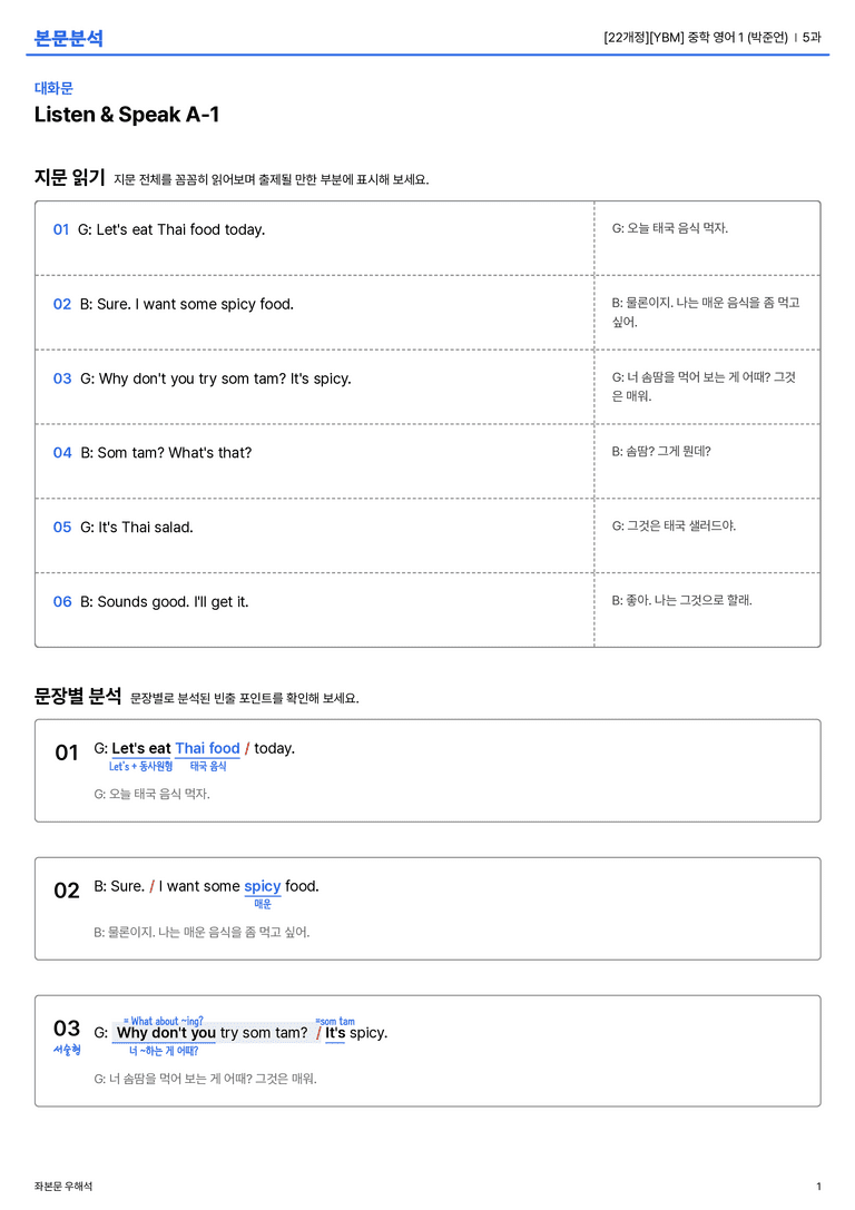 [YBM] 중학 영어 1 (박준언) 5과 본문분석_preview_1