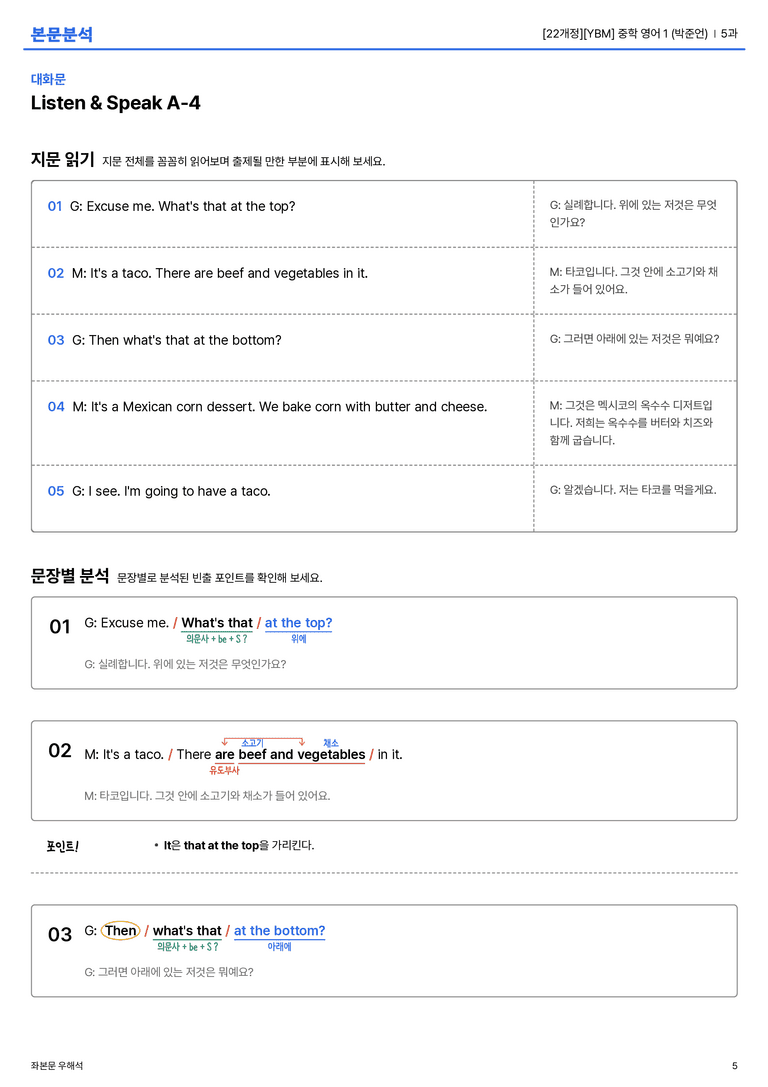 [YBM] 중학 영어 1 (박준언) 5과 본문분석_preview_5