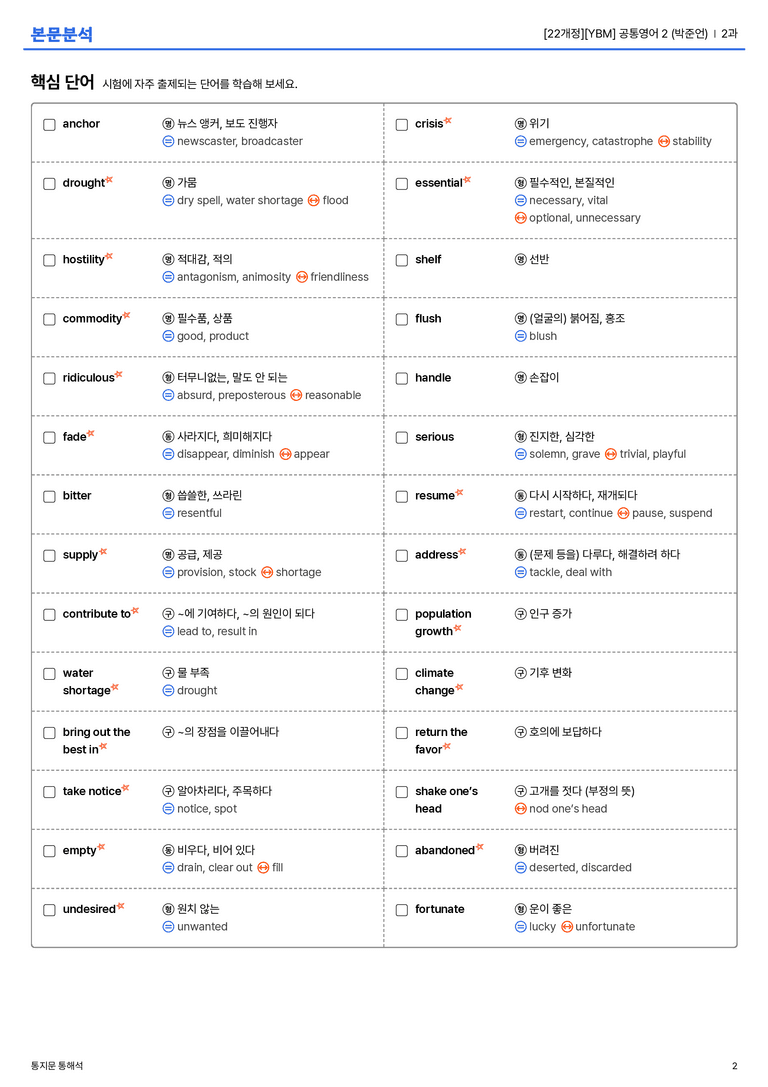 [YBM] 공통영어 2 (박준언) 2과 본문분석_preview_2