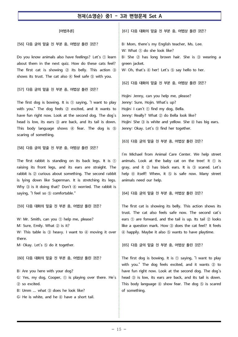 천재(소영순) 중1 - 3과 변형문제 Set AB 통합본 (220제) by 이쌤문제은행_preview_15