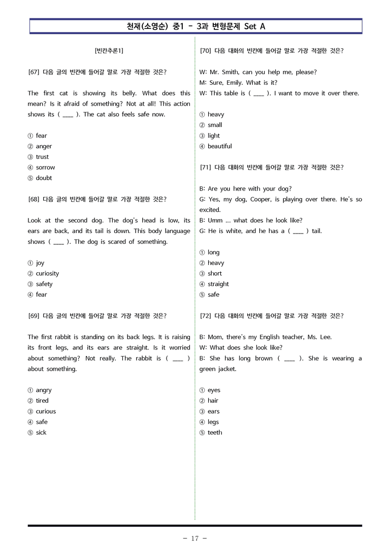 천재(소영순) 중1 - 3과 변형문제 Set AB 통합본 (220제) by 이쌤문제은행_preview_17