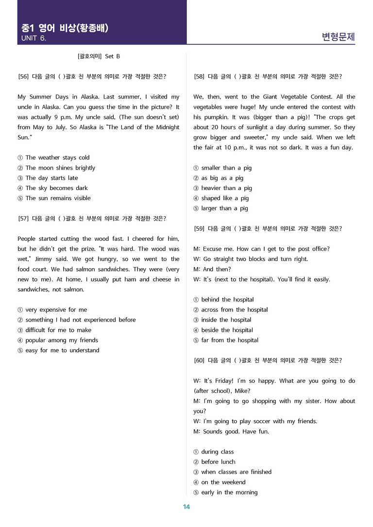 [고난도 객관식 변형문제] 중학 영어 1 비상(황) 6과 변형문제 Set B (110제)_preview_14