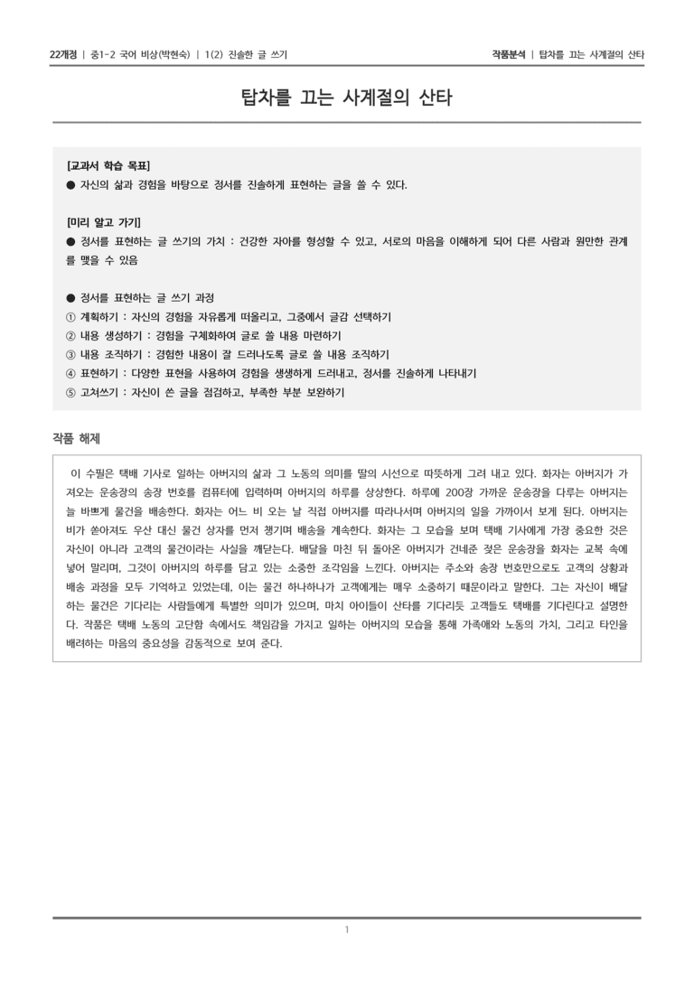 [22개정] 중1-2 비상(박현) 1-2 진솔한 글 쓰기_작품분석_preview_1
