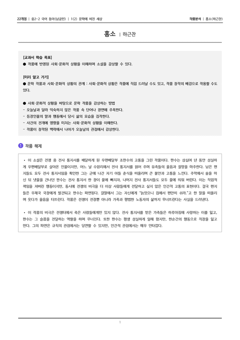 [22개정] 중2-2 동아(남) 1-2 문학에 비친 세상_작품분석_preview_1