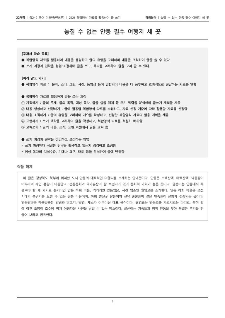 [22개정] 중2-2 미래엔(민) 2-2 복합양식 자료를 활용하여 글 쓰기_작품분석_preview_1
