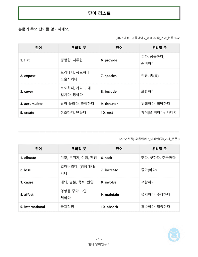 고등영어2 미래엔(김) 2과 20단계 워크북 by 한티영어연구소_preview_1