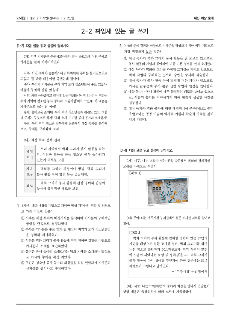 [22개정] 중학 2-2 미래엔(신) 2-2 짜임새 있는 글 쓰기 _내신예상문제_preview_1