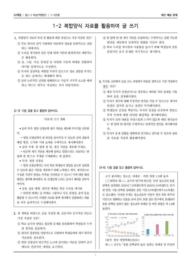 [22개정] 중학 2-2 비상(박영) 1-2 복합양식 자료를 활용하여 글 쓰기_내신예상문제_preview_1