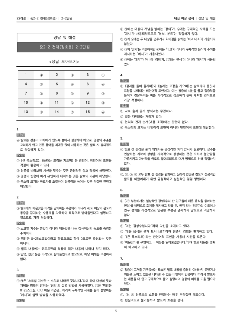 [22개정] 중학 2-2 천재(정) 2-2 점검 조정하며 발표하기_내신예상문제_preview_5