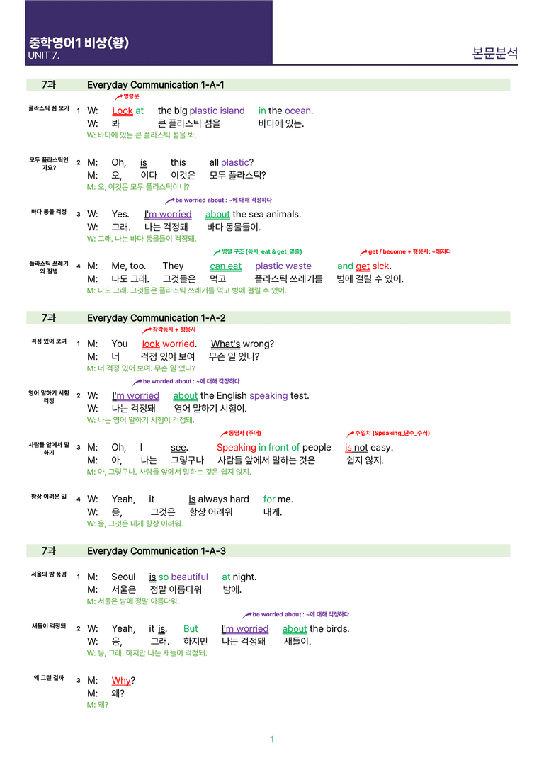 [빠르고 효율적인] 중학 영어 1 비상(황) 7-8과  본문분석_preview_15