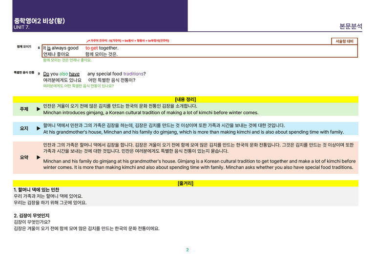[빠르고 효율적인] 중학 영어 2 비상(황) 7-8과  본문분석_preview_2
