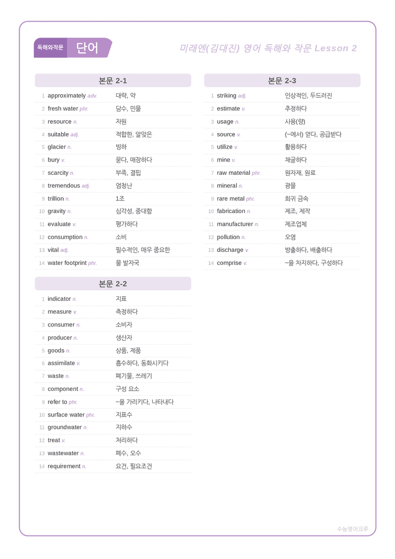 영어 독해와 작문 미래(김) 2과 분석 워크북(수업용) by 수능영어크루_preview_1