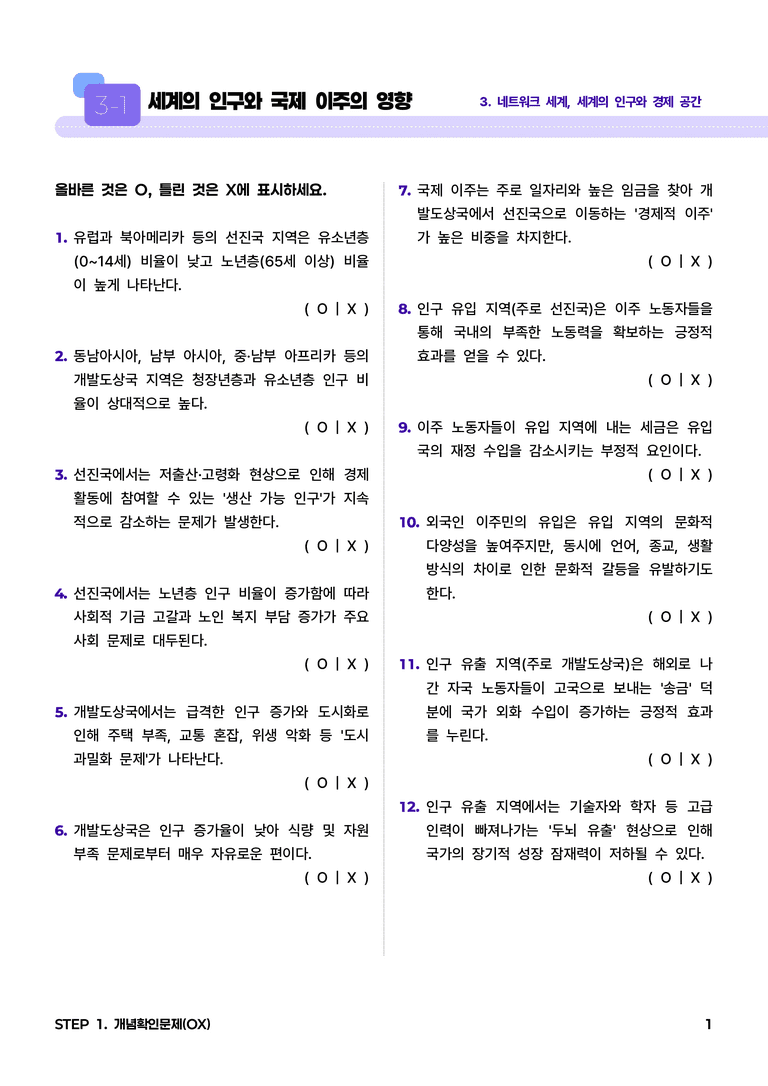 3-1 세계의 인구와 국제 이주의 영향 l STEP1 개념확인문제(OX)_preview_1