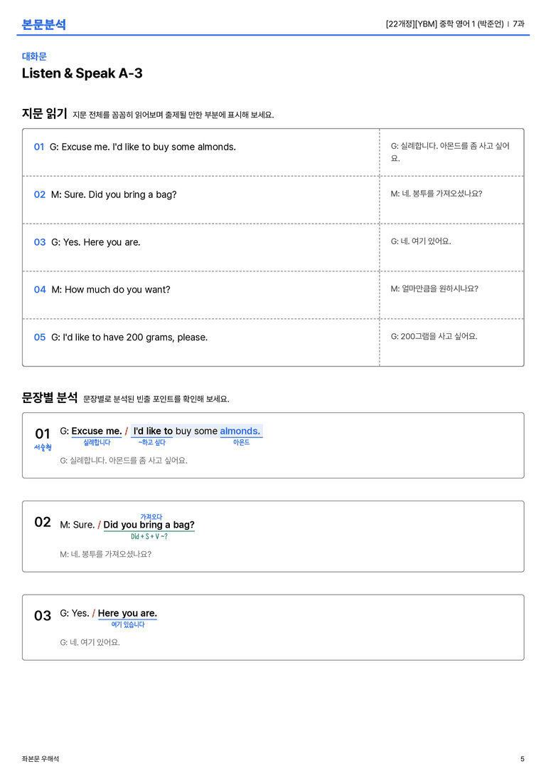 [YBM] 중학 영어 1 (박준언) 7과 본문분석_preview_5