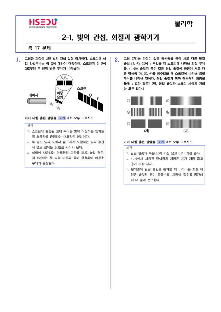 2-1 빛의 간섭, 회절과 광학 기기 | STEP2 최다빈출대표유형_preview_1