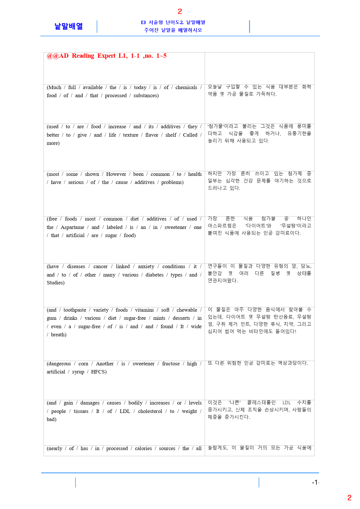 Ad Reading Expert L1 E2. 낱말배열, 32제, 82쪽_preview_2