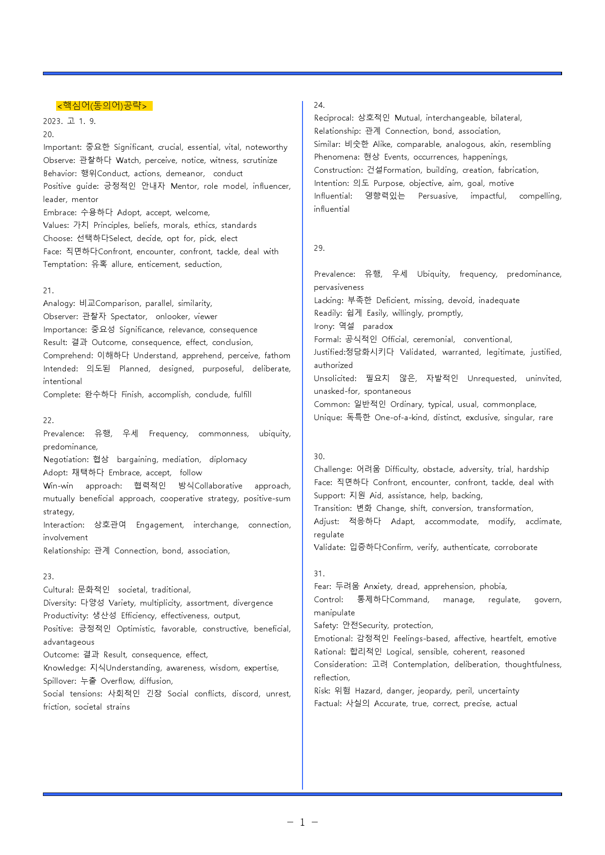 2023. 고 1. 9 모의고사. 동의어/어법/어휘/일치/요약/빈칸/영작_preview_1