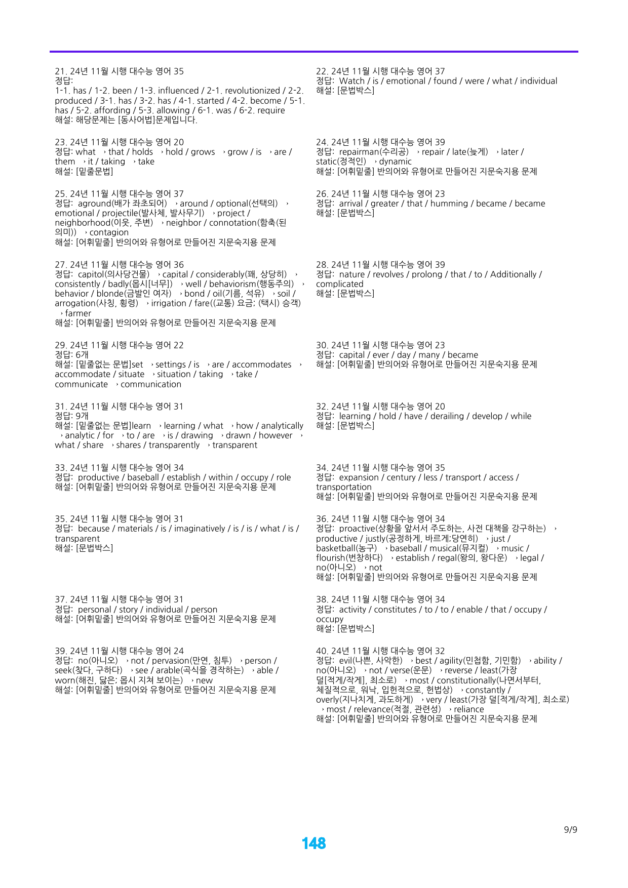 24년 11월 시행 수능 영어-어법,어휘 워크북(40제X15회,댓글이벤트_preview_148