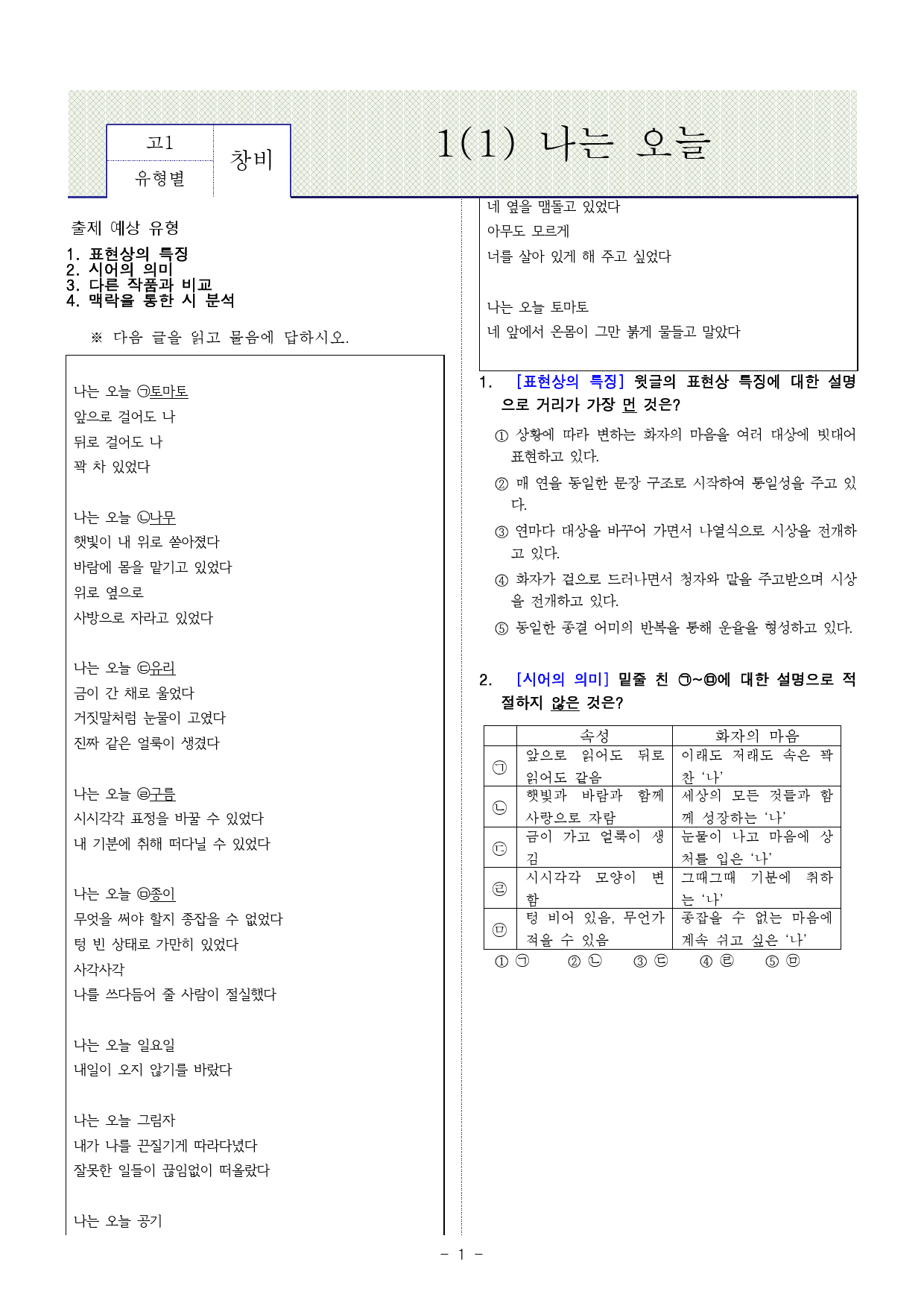 창비 1(1) 나는 오늘 20문제(유형별+소단원)_preview_1