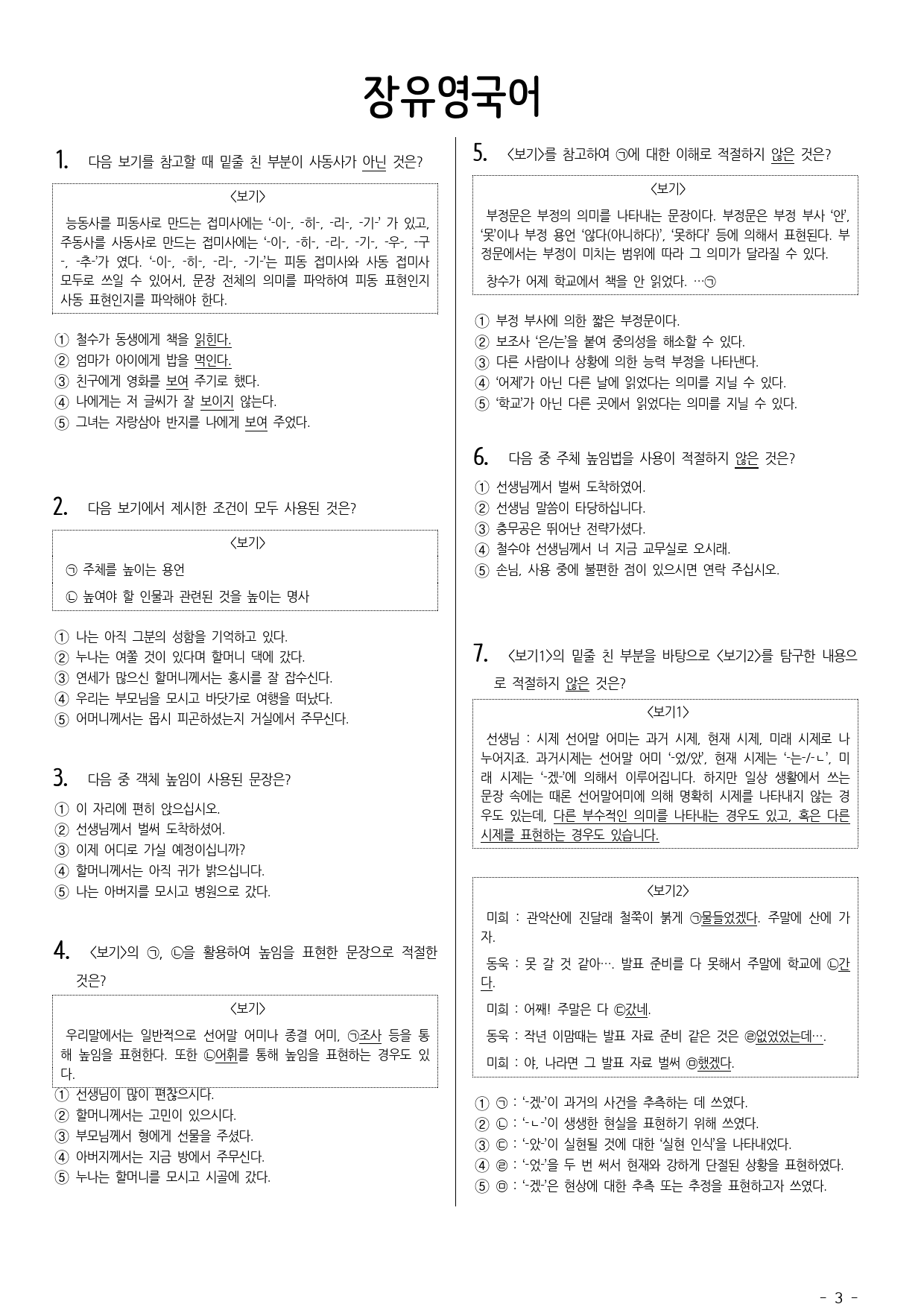 문법요소 연습문제 (100문항) - 높임법, 부정문, 능동피동, 시제,_preview_3