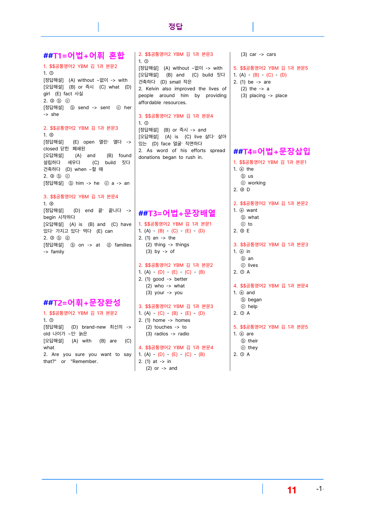 공통영어2 YBM 김, 빠른변형문제, 1과, 20문제_preview_11