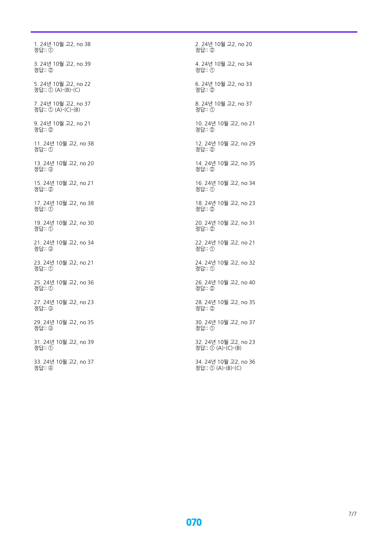 24년 10월 고2, 빠른점수UP 34제X10회=340제_preview_70