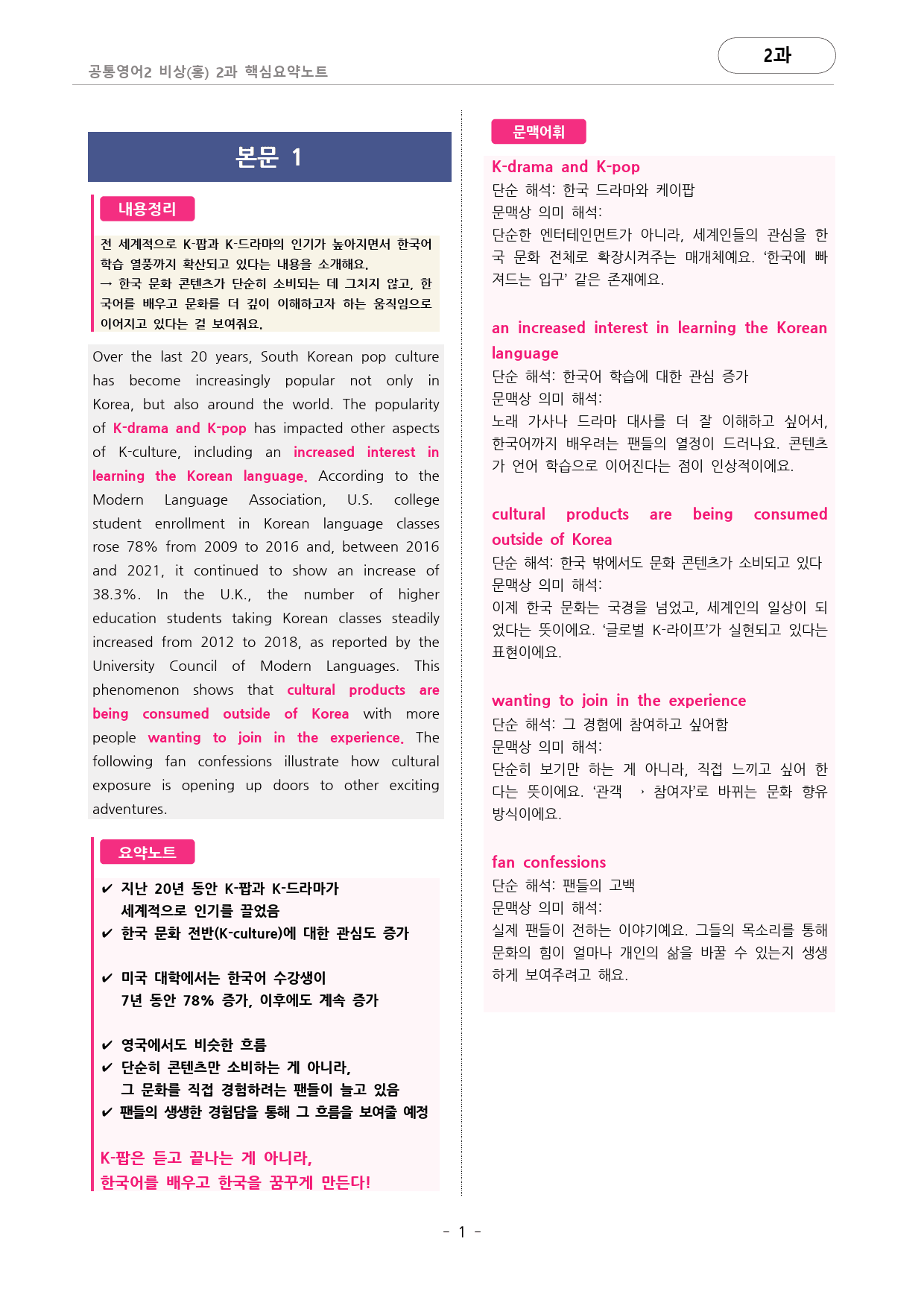 🩷비상(홍) 2과 핵심요약노트+문법+백지연습지(공통2)_대치동시크릿🩷_preview_1