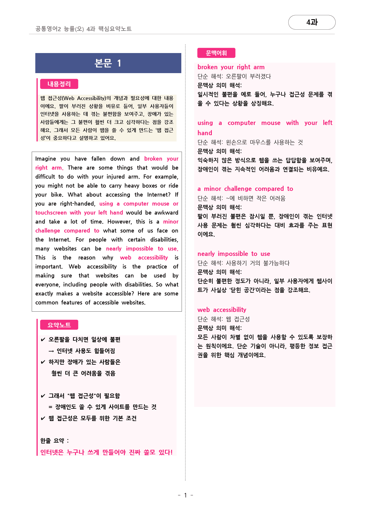 🩷(공통2)능률(오) 4과 핵심요약노트+문법+백지연습지🩷_preview_1