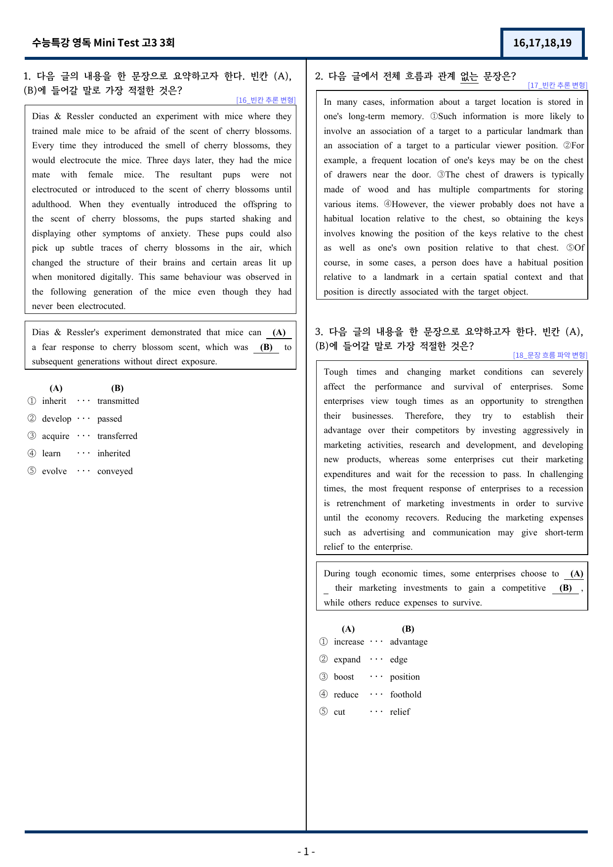 수능특강 영어독해연습 Mini Test 3회 변형(16,17,18,19)_preview_undefined