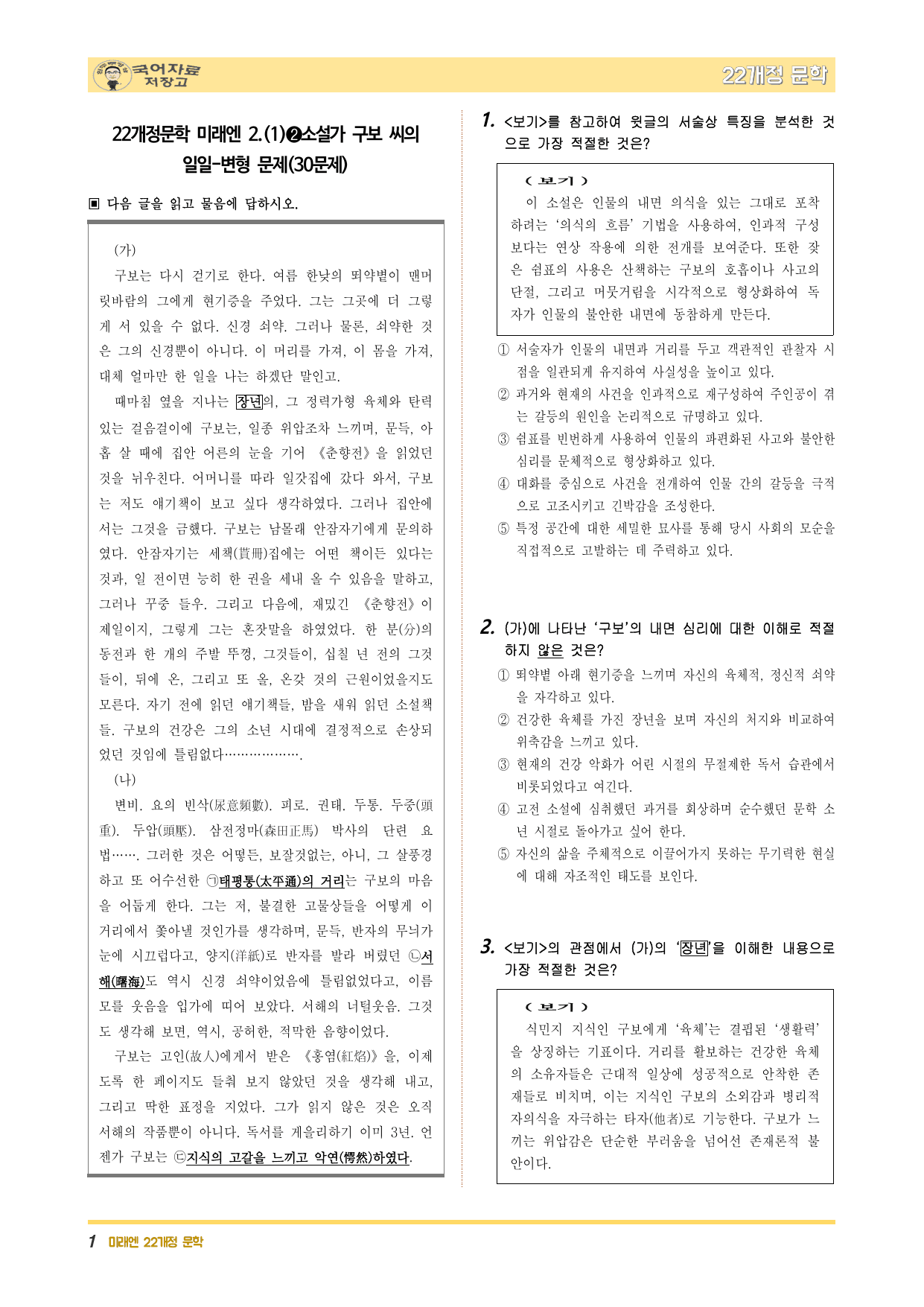 겨울방학 특강 22개정 문학 미리보기-소설가 구보 씨의 일일-변형문제_preview_undefined