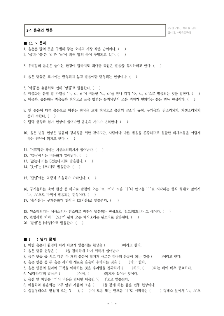 (공국1-비박) 2-1 음운의 변동 -학습지 (40문제)_preview_1