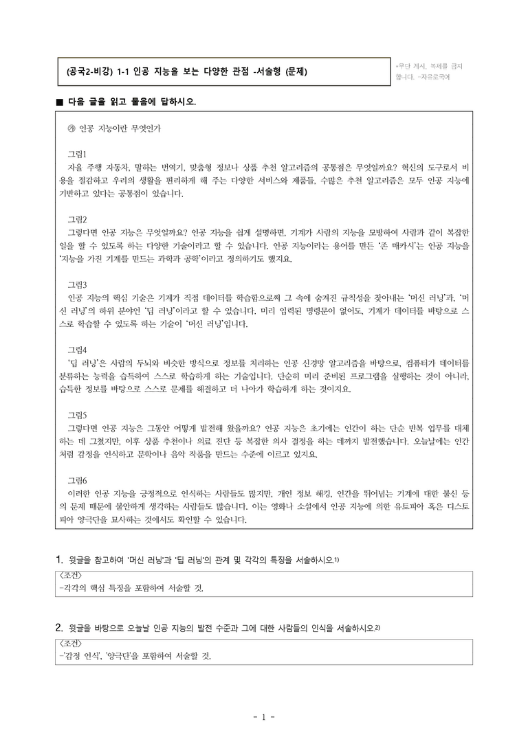 (공국2-비강) 1-1 인공 지능을 보는 다양한 관점 -서술형 (11문제)_preview_1