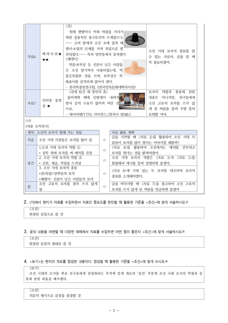 중1-1 (천-노) 3-2 정보를 전달하는 글 쓰기, 조선의 모자가 말해 주는 것들, 우리 학교 소식을 기사로 쓰기 -서술형 (11문제)_preview_2