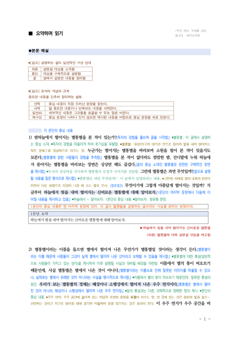 중1-2 (비-박영) 1-1 요약하며 읽기 –아름다운 별똥별의 비밀, 복 타러 간 총각, 자연재해 발생 지역 ■해설•정리_(15쪽)_preview_1